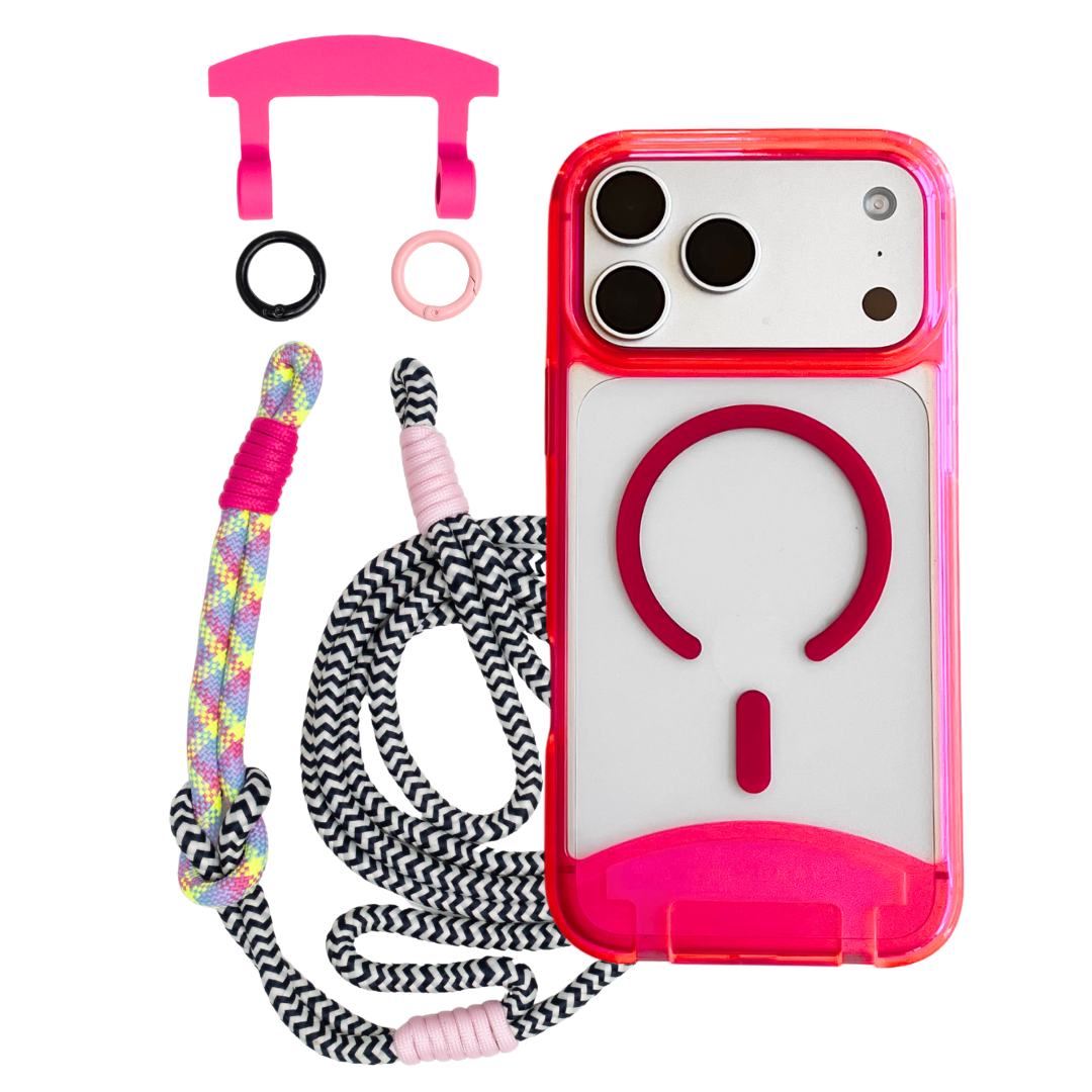 HOT PINK TRANSPARENT CASE WITH ELECTRIC BLOOM KNOTTED CORD - MAGSAFE