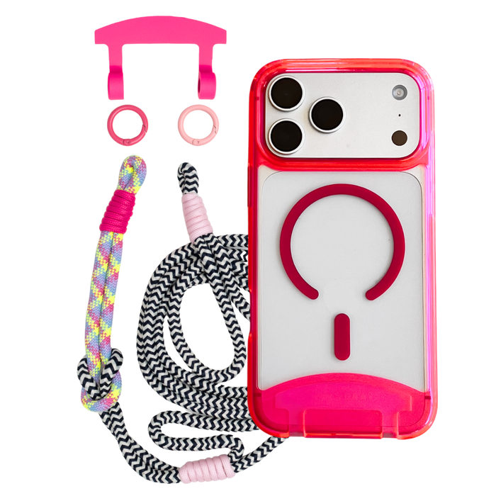 HOT PINK TRANSPARENT CASE WITH ELECTRIC BLOOM KNOTTED CORD - MAGSAFE
