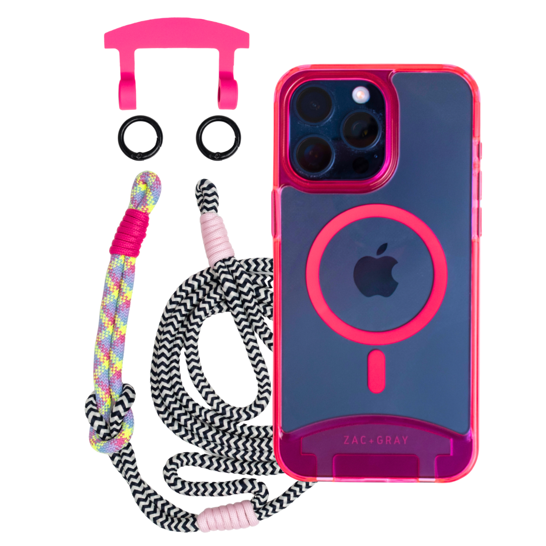 HOT PINK TRANSPARENT CASE WITH ELECTRIC BLOOM KNOTTED CORD - MAGSAFE