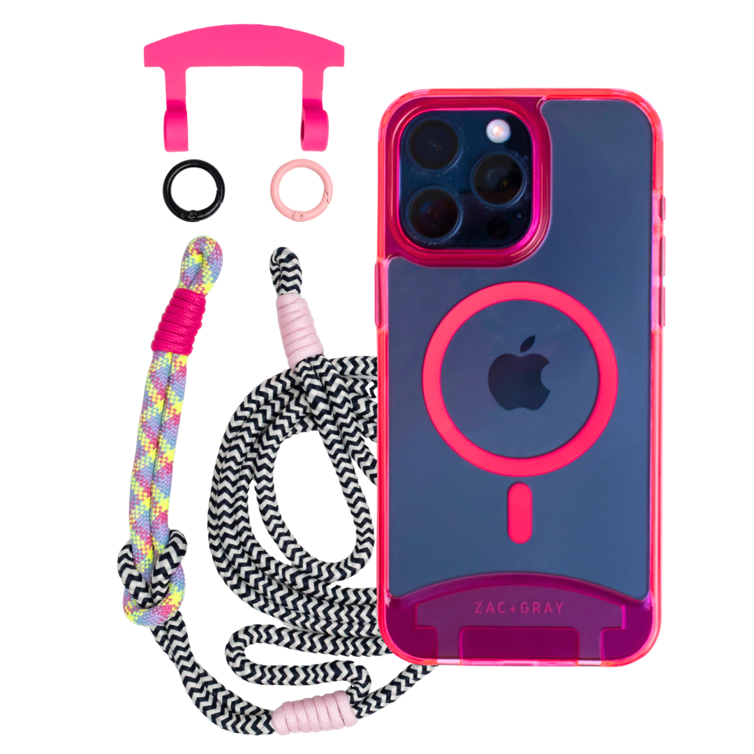 HOT PINK TRANSPARENT CASE WITH ELECTRIC BLOOM KNOTTED CORD - MAGSAFE