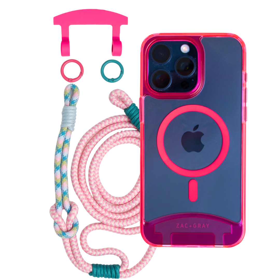 HOT PINK TRANSPARENT CASE WITH LAGOON BLOOM KNOTTED CORD - MAGSAFE